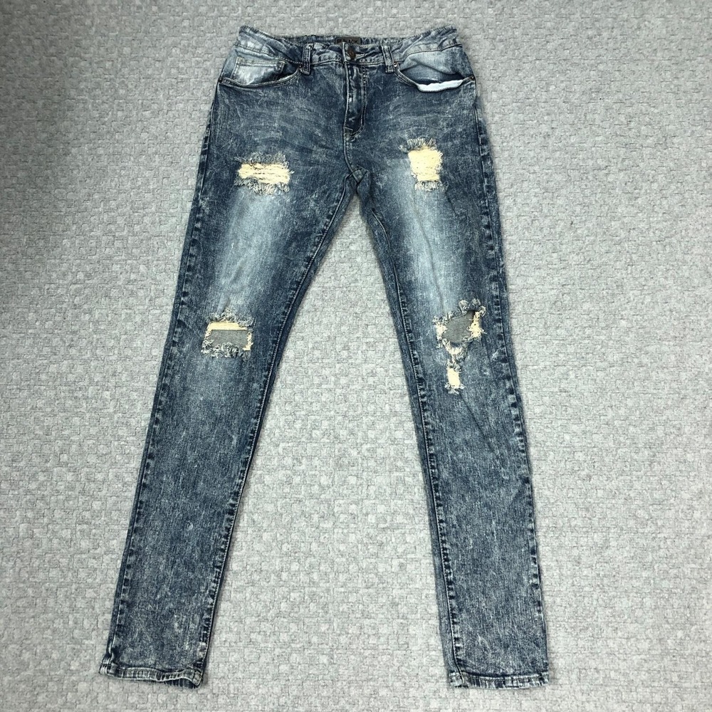 Black Jeans Mens 32x34 Blue Skinny Flex Distressed Ripped Stretch Denim Casual